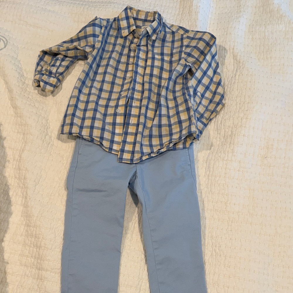 Boys Blue & Yellow Plaid Button-Down Shirt with Light Blue Pants